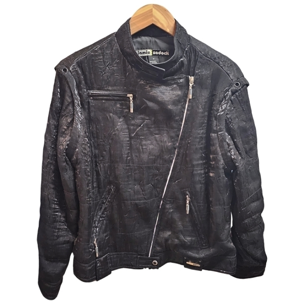 Jamie Sadock Black Crinkle Reflective Zip Front Moto Jacket Size Medium Rayon